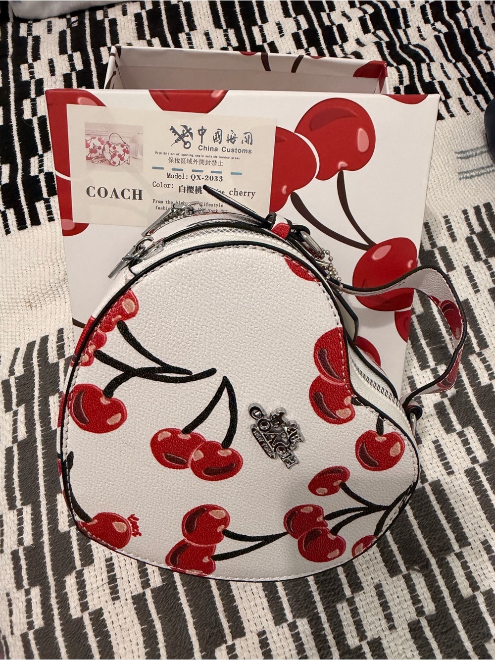 COACH White Heart-Shaped Mini Bag with Red Cherry Print
